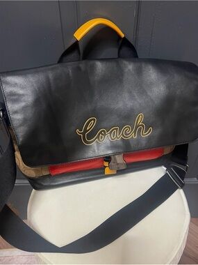 Coach Black Leather Messenger Bag with Red and Yellow Accents
